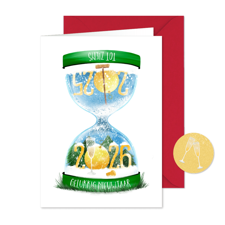 Nieuwjaarskaart met zandloper 2025-2026 - Kaartimpressie