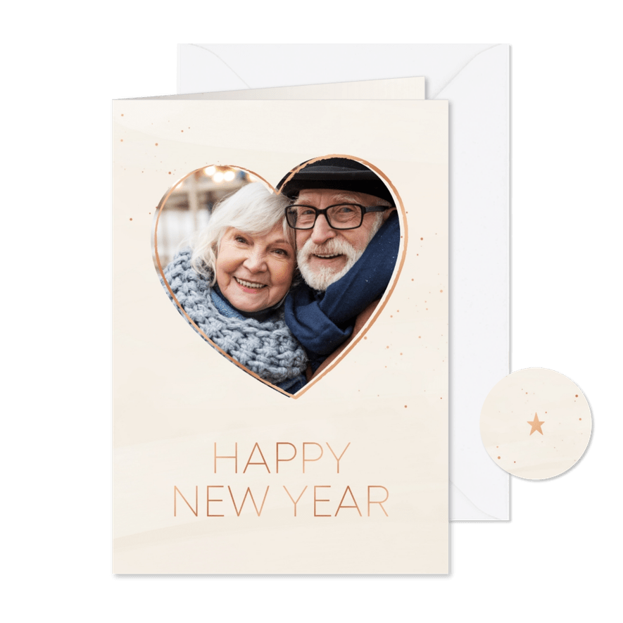 Nieuwjaarskaart minimalistisch beige en koper met foto - Kaartimpressie