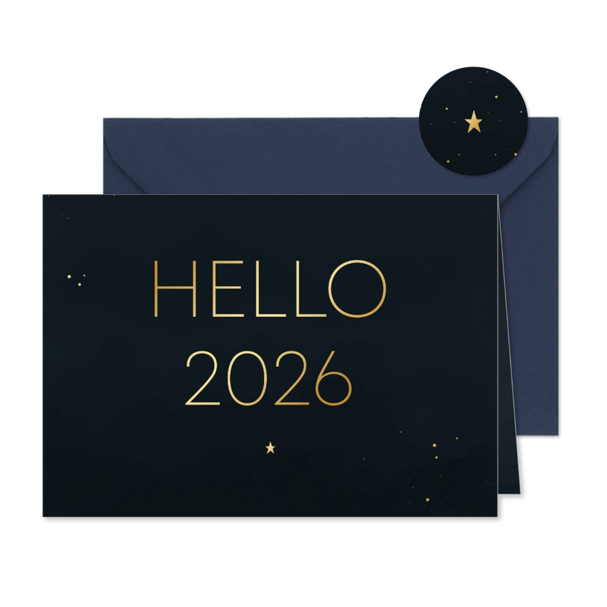 Nieuwjaarskaart minimalistisch blauw hello 2026 goudlook - Kaartimpressie