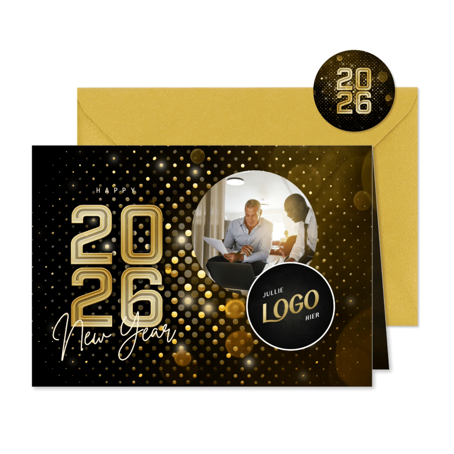 Nieuwjaarskaart modern futuristisch 2026 goud met foto - Kaartimpressie