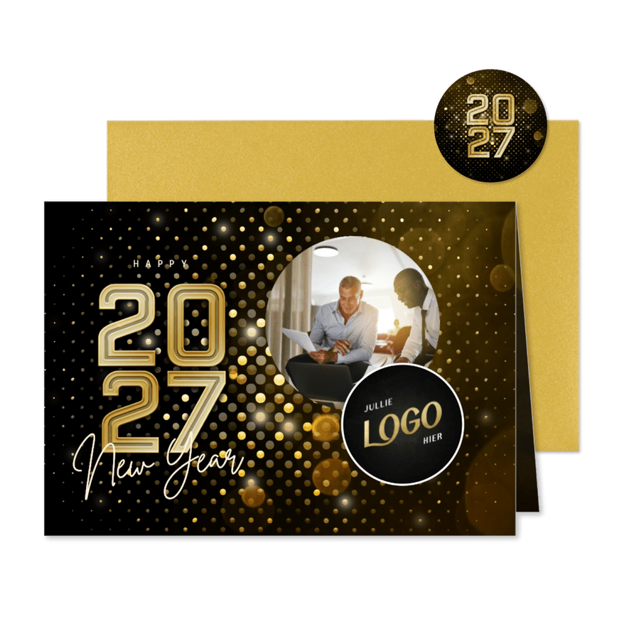 Nieuwjaarskaart modern futuristisch 2027 goud met foto - Kaartimpressie