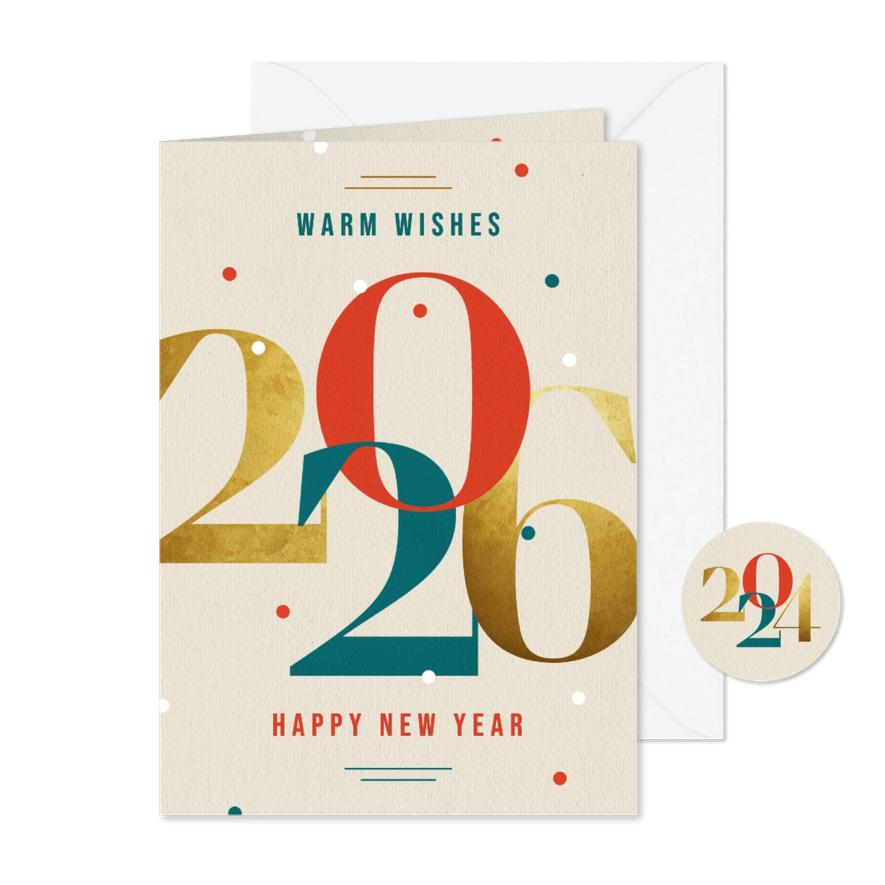 Nieuwjaarskaart modern typografisch 2026 goud kraft - Kaartimpressie