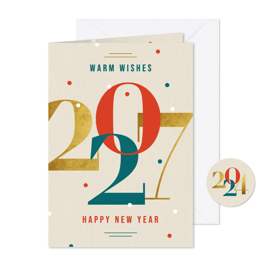 Nieuwjaarskaart modern typografisch 2027 goud kraft - Kaartimpressie