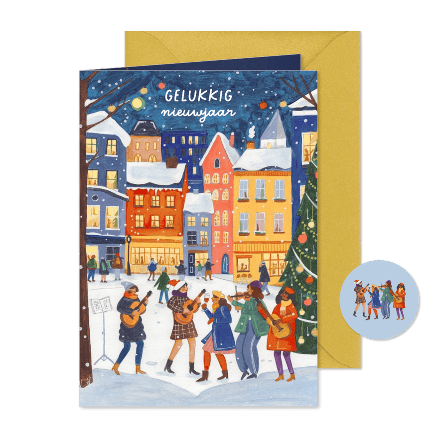 Nieuwjaarskaart muziek in de stad in de sneeuw - Kaartimpressie