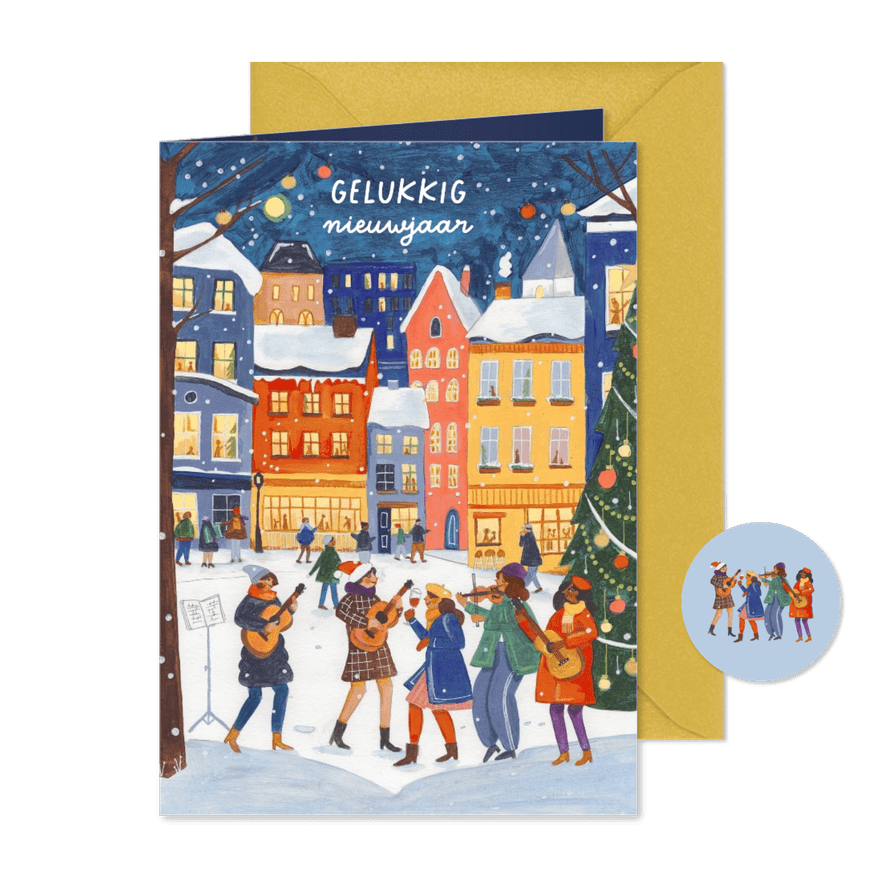Nieuwjaarskaart muziek in de stad in de sneeuw - Kaartimpressie