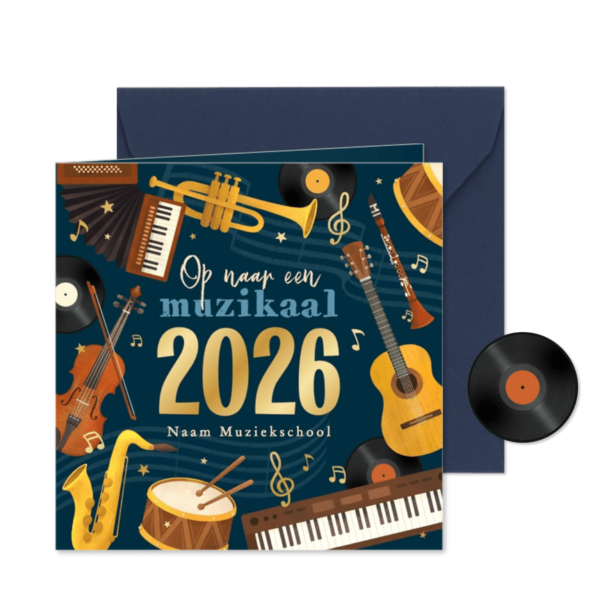Nieuwjaarskaart muzikaal 2026 instrumenten fijne feestdagen - Kaartimpressie