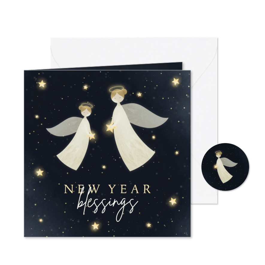Nieuwjaarskaart New Year Blessings met 2 engelen en sterren - Kaartimpressie