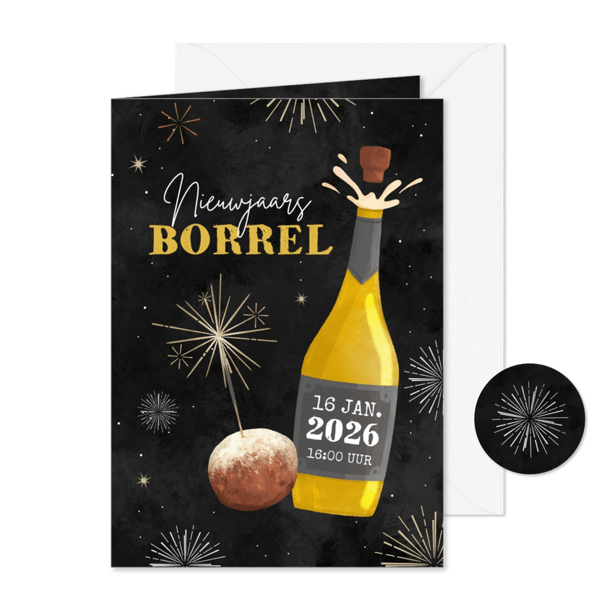 Nieuwjaarskaart nieuwjaarsborrel zakelijk champagne oliebol - Kaartimpressie