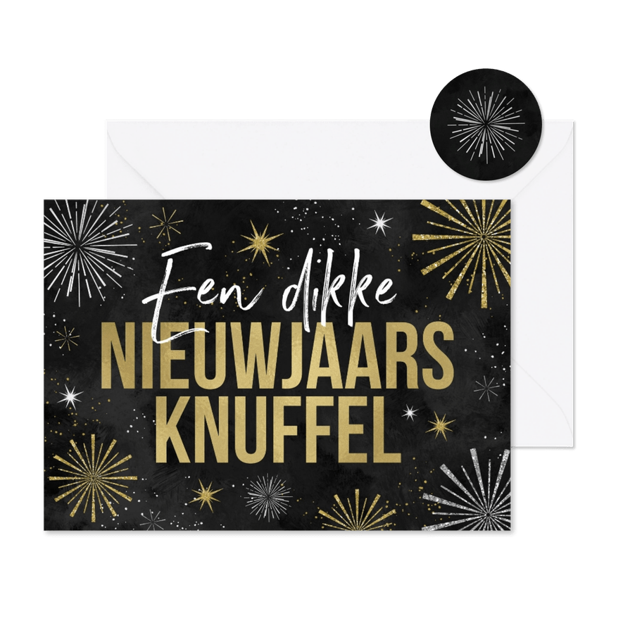 Nieuwjaarskaart nieuwjaarsknuffel vuurwerk sterren oliebol - Kaartimpressie