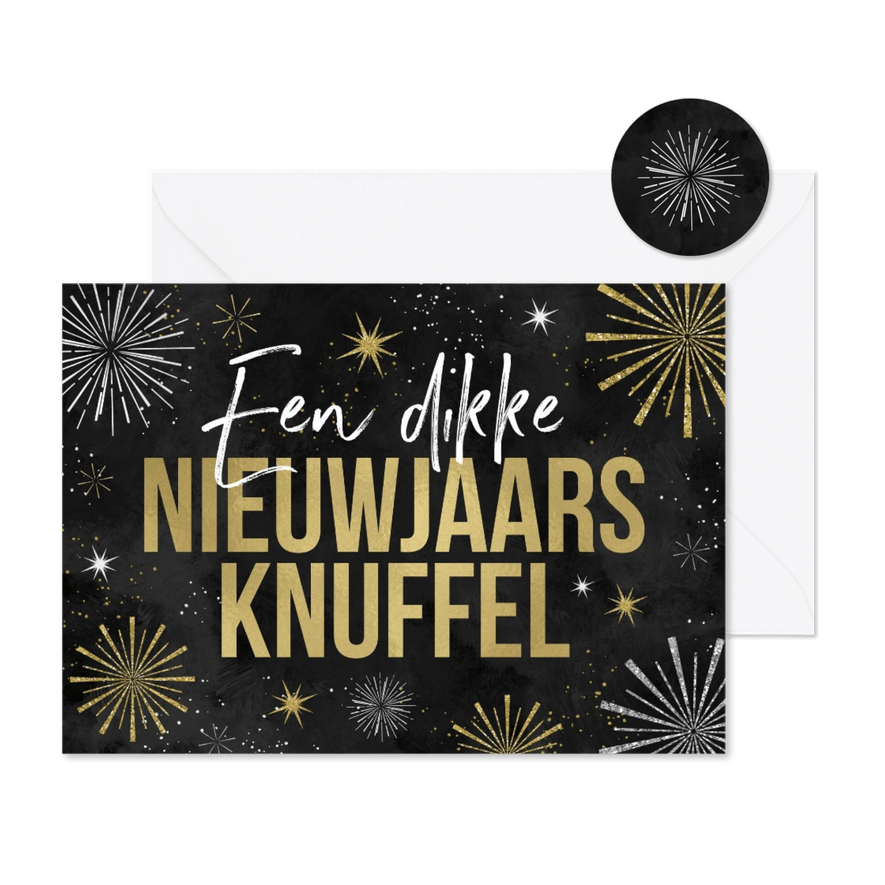Nieuwjaarskaart nieuwjaarsknuffel vuurwerk sterren oliebol - Kaartimpressie