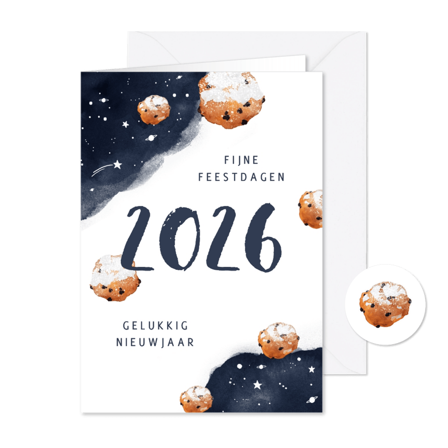 Nieuwjaarskaart oliebol 2026 sterren - Kaartimpressie