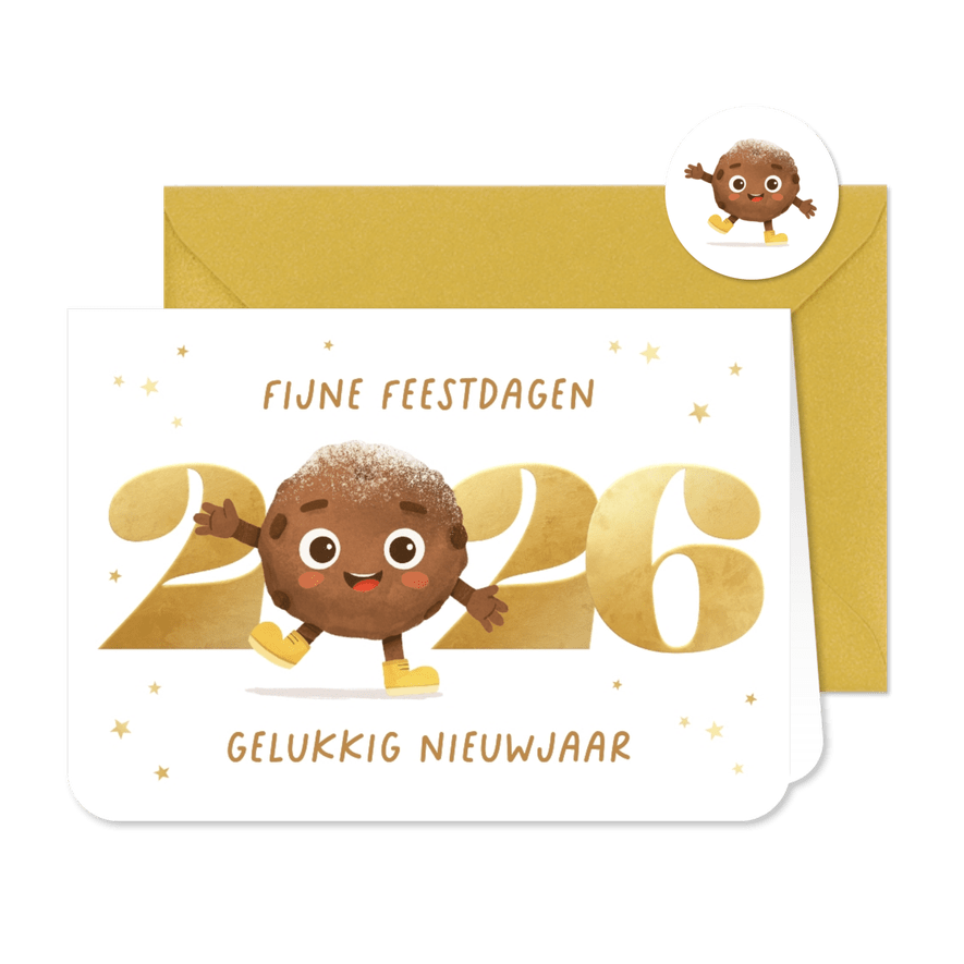 Nieuwjaarskaart oliebol 2027 goud sterren grappig - Kaartimpressie