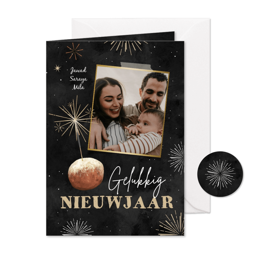 Nieuwjaarskaart oliebol vuurwerk sterretje foto - Kaartimpressie