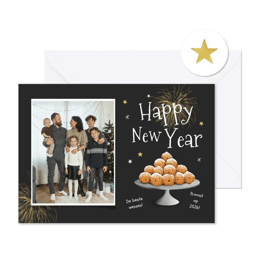 Nieuwjaarskaart oliebollen happy new year foto sterren - Kaartimpressie