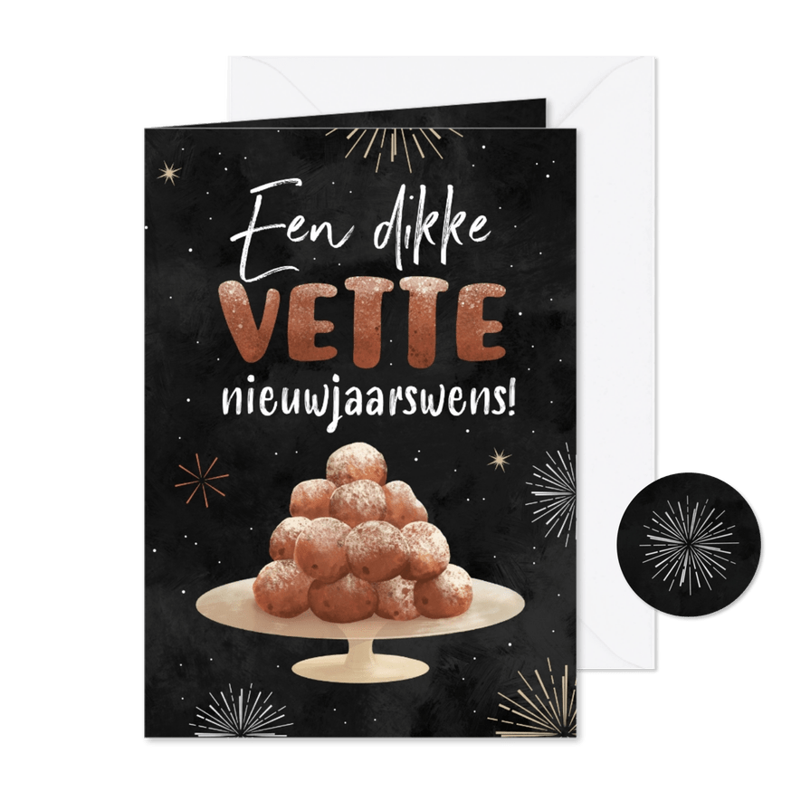 Nieuwjaarskaart oliebollen vuurwerk sterren grappig - Kaartimpressie