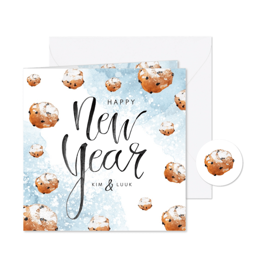 Nieuwjaarskaart oliebollen waterverf poedersuiker - Kaartimpressie