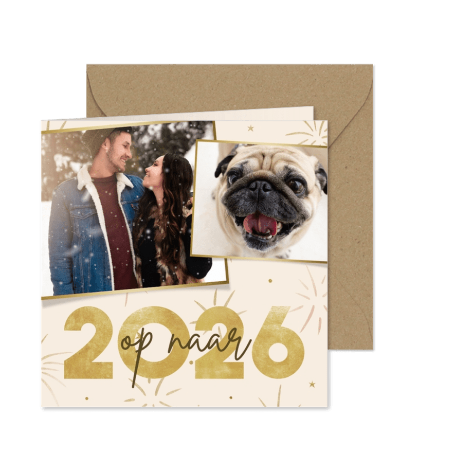 Nieuwjaarskaart op naar 2026 fotocollage met vuurwerk - Kaartimpressie