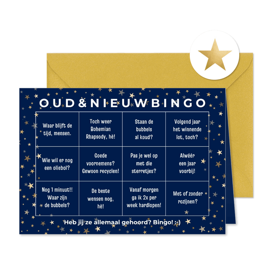 Nieuwjaarskaart 'oud en nieuw bingo' humor - Kaartimpressie