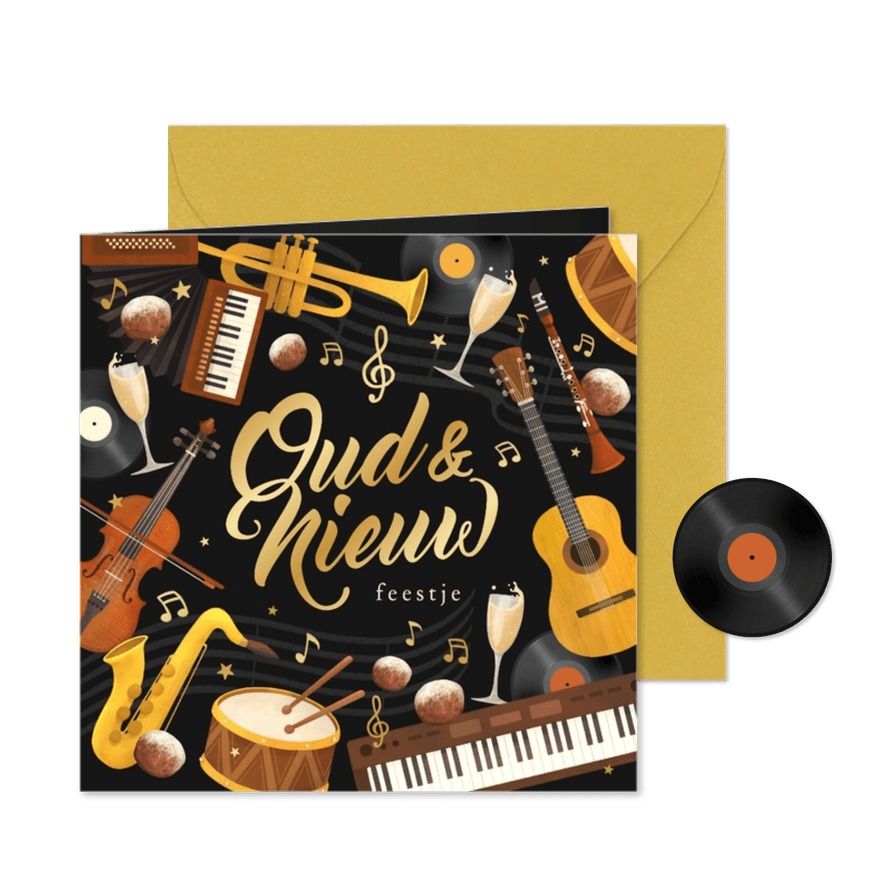 Nieuwjaarskaart oud en nieuw feestje muziekinstrumenten goud - Kaartimpressie