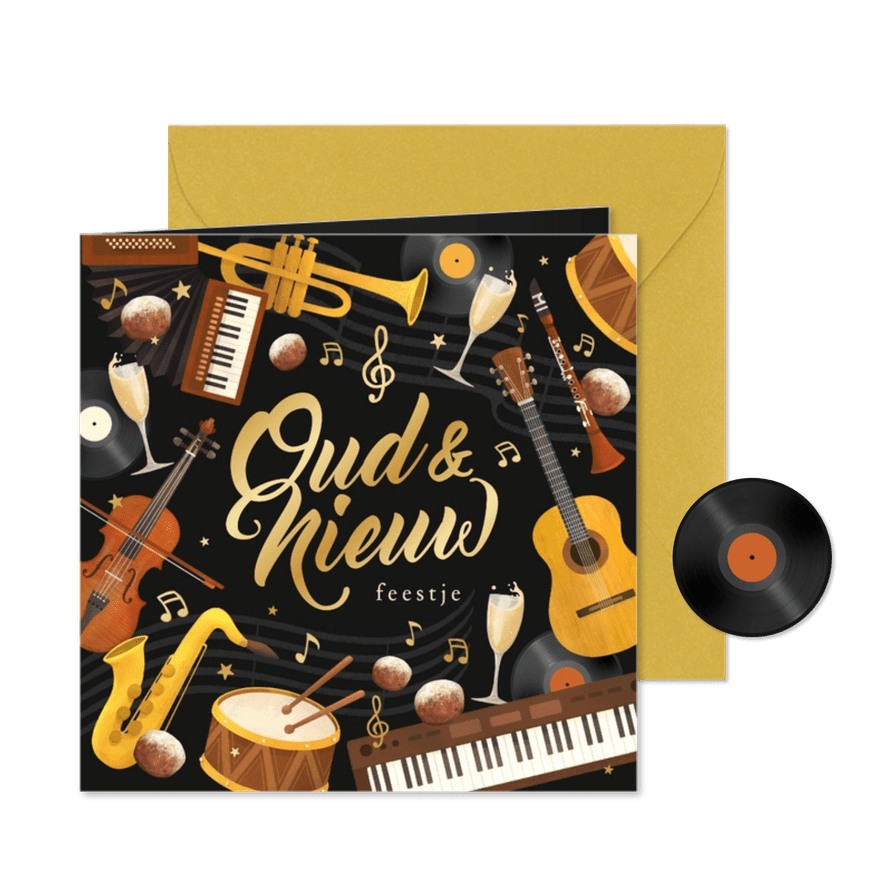 Nieuwjaarskaart oud en nieuw feestje muziekinstrumenten goud - Kaartimpressie