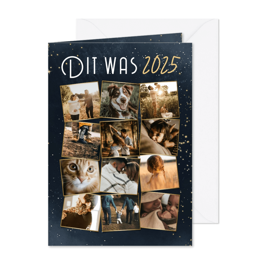 Nieuwjaarskaart overzicht op 2025 fotocollage met goud - Kaartimpressie