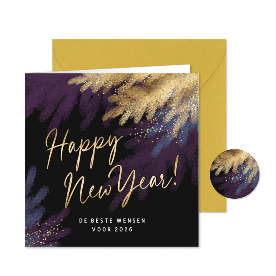 Nieuwjaarskaart paars goud dennenboom - Kaartimpressie
