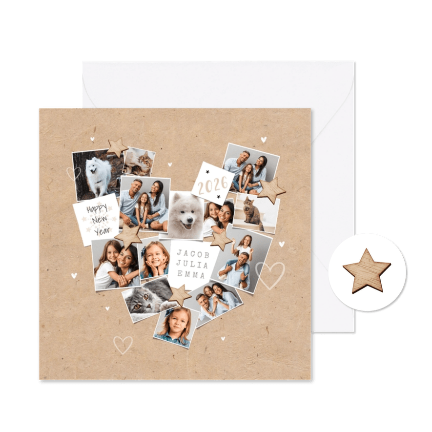 Nieuwjaarskaart persoonlijk fotocollage hart liefde sterren - Kaartimpressie