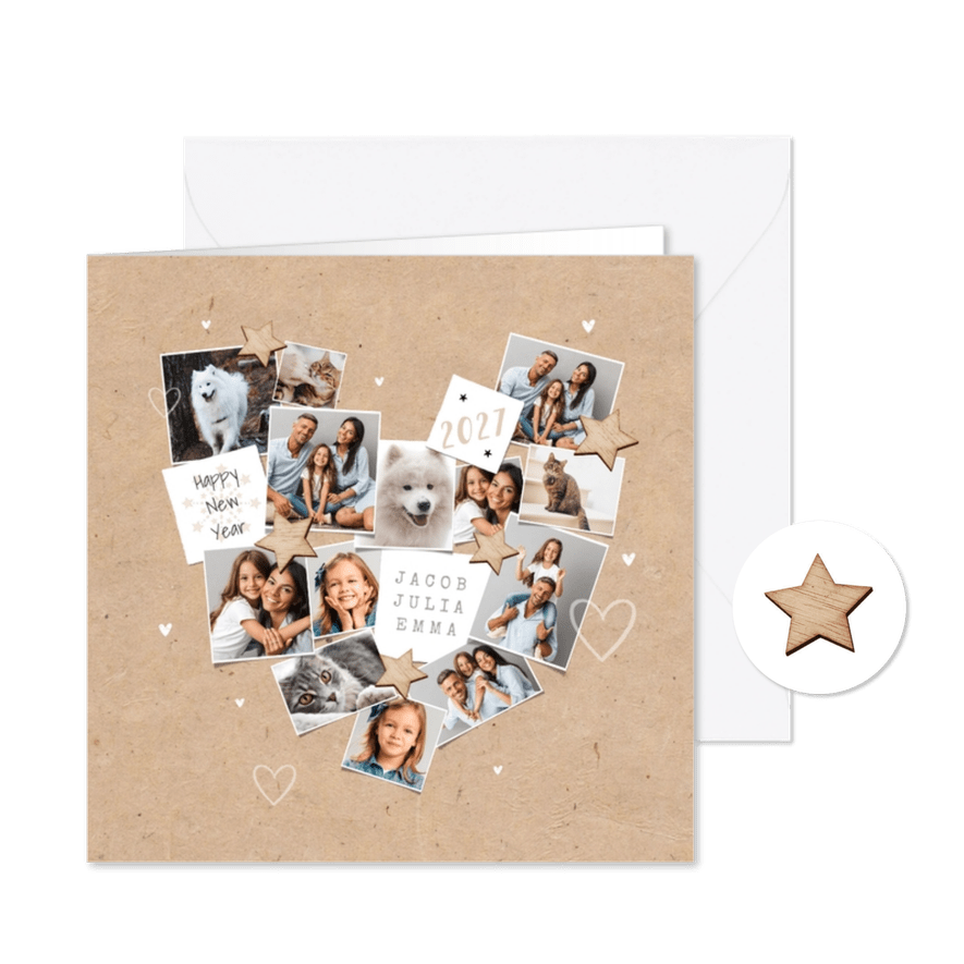 Nieuwjaarskaart persoonlijk fotocollage hart liefde sterren - Kaartimpressie