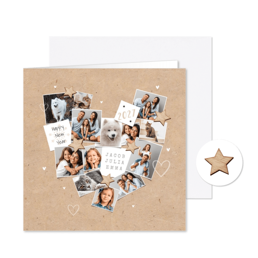 Nieuwjaarskaart persoonlijk fotocollage hart liefde sterren - Kaartimpressie