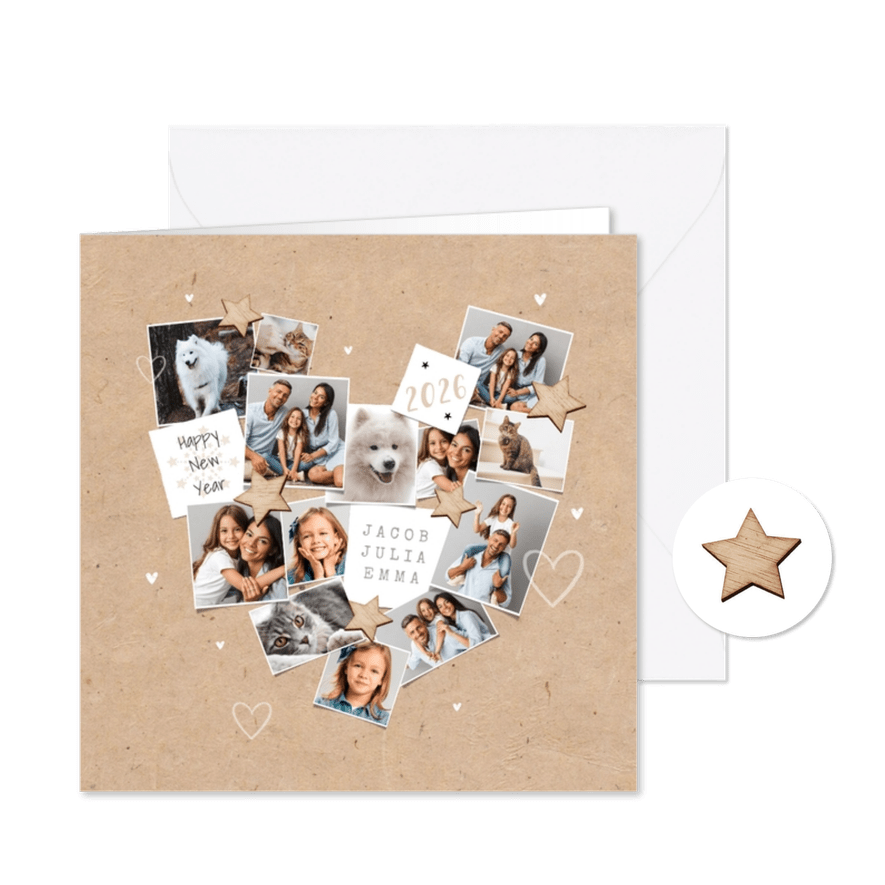 Nieuwjaarskaart persoonlijk fotocollage hart liefde sterren - Kaartimpressie