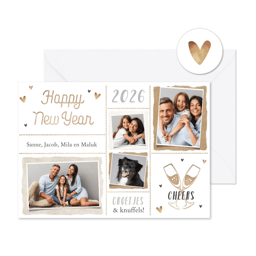 Nieuwjaarskaart persoonlijk hartjes foto's champagne liefde - Kaartimpressie