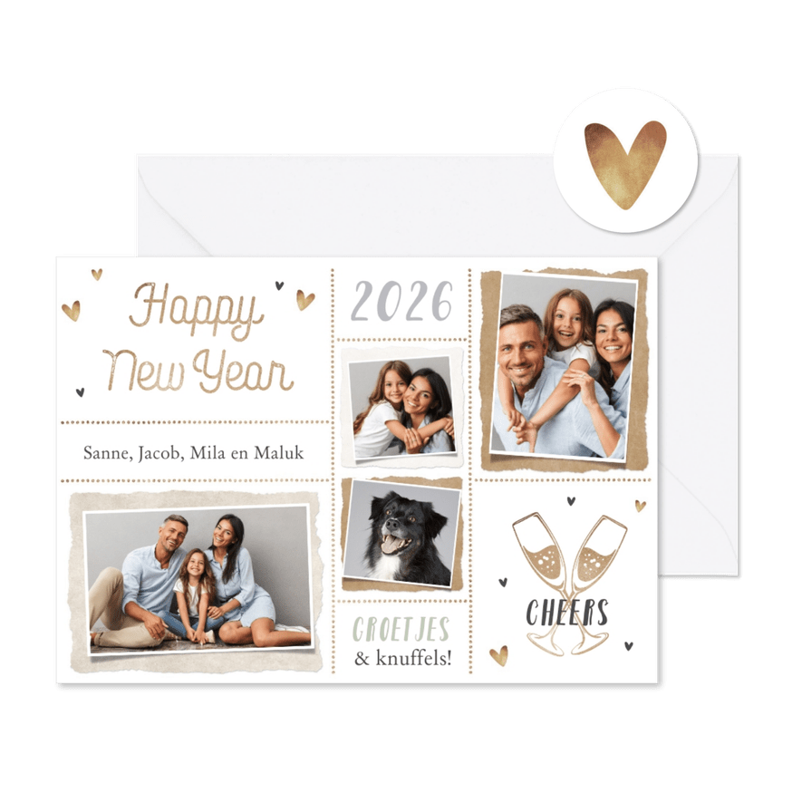 Nieuwjaarskaart persoonlijk hartjes foto's champagne liefde - Kaartimpressie