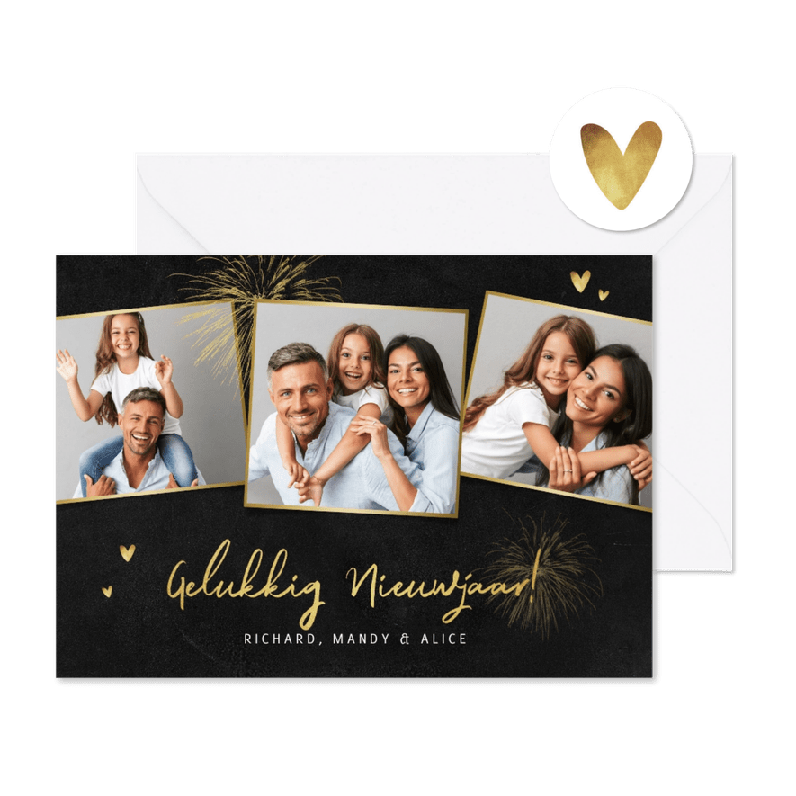 Nieuwjaarskaart persoonlijk hartjes foto's goud vuurwerk - Kaartimpressie