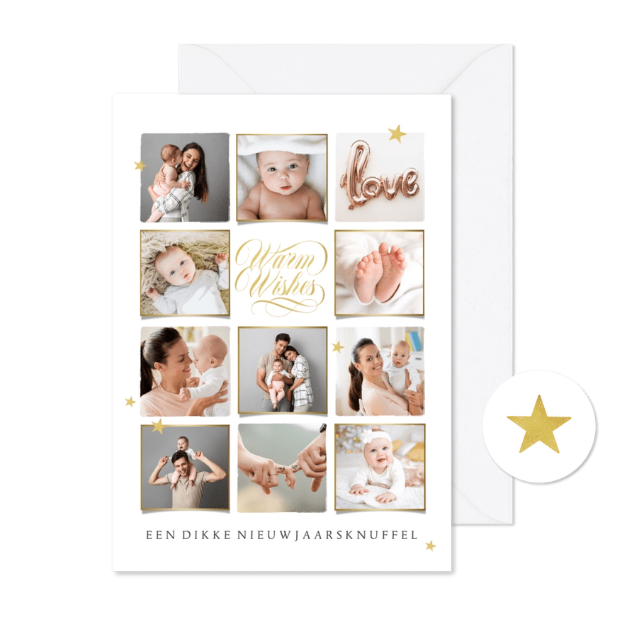 Nieuwjaarskaart persoonlijk warm wishes goud sterren - Kaartimpressie
