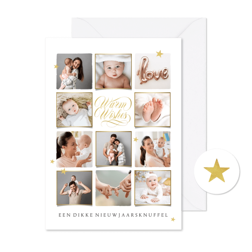 Nieuwjaarskaart persoonlijk warm wishes goud sterren - Kaartimpressie