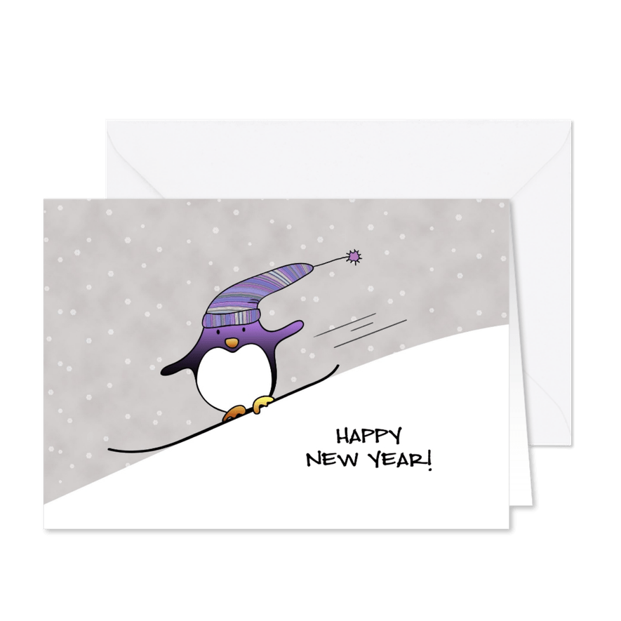 Nieuwjaarskaart pinguin op snowboard happy New Year - Kaartimpressie