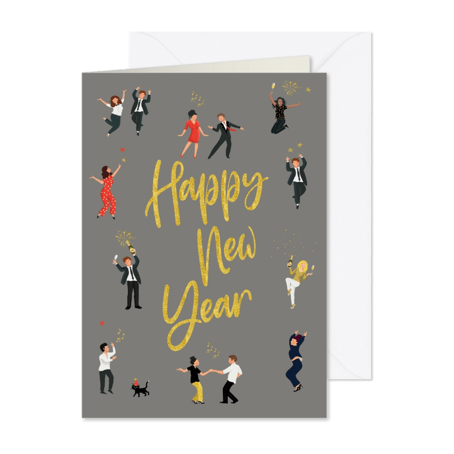 Nieuwjaarskaart poppetjes met glitterlook - Kaartimpressie