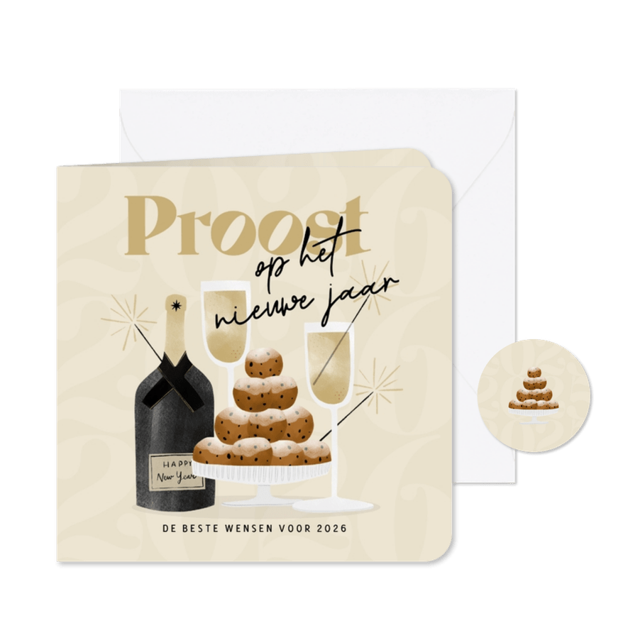 Nieuwjaarskaart proost nieuwe jaar champagne oliebollen - Kaartimpressie