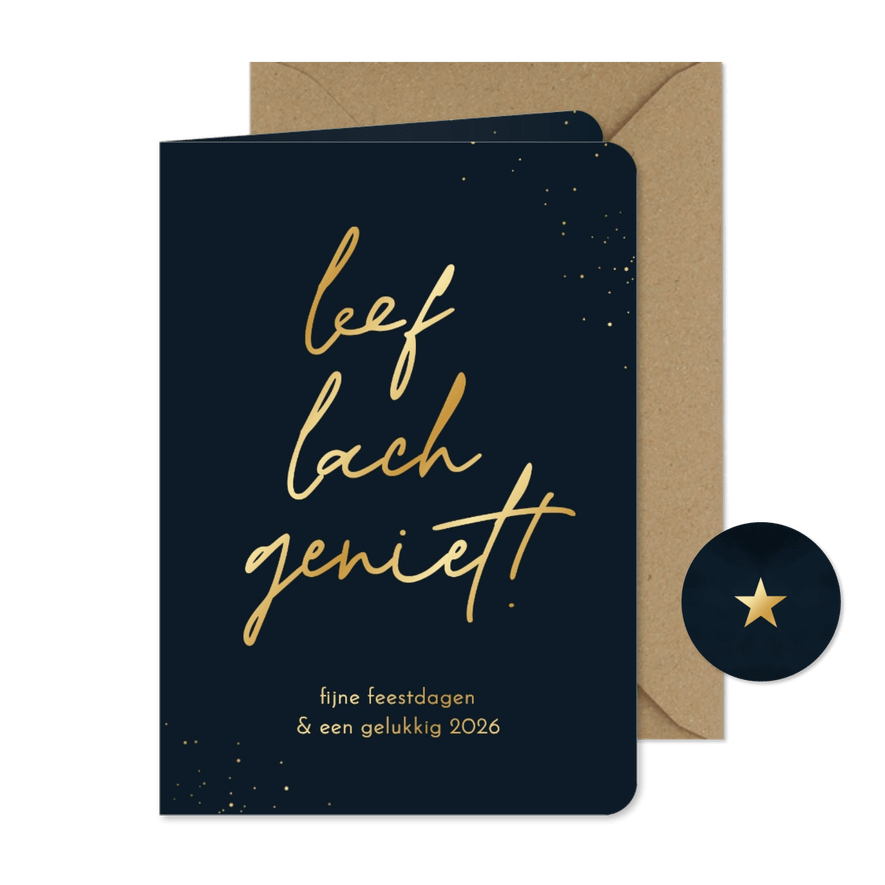 Nieuwjaarskaart quote leef lach geniet goud donkerblauw - Kaartimpressie