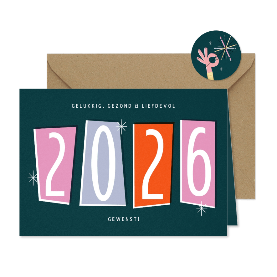 Nieuwjaarskaart retro 2026 groot jaartal - Kaartimpressie