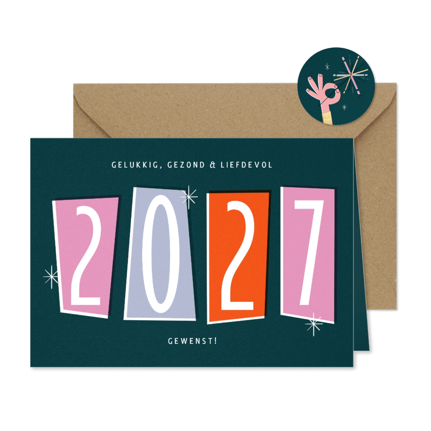 Nieuwjaarskaart retro 2027 groot jaartal  - Kaartimpressie
