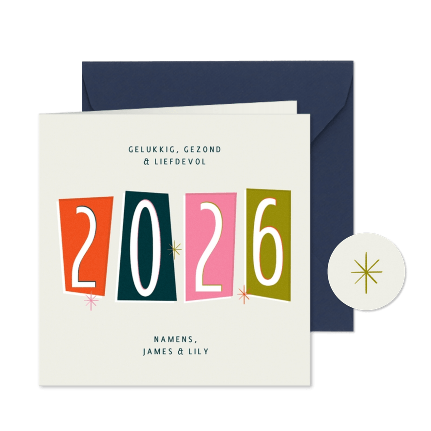 Nieuwjaarskaart retro groot jaartal 2026 - Kaartimpressie