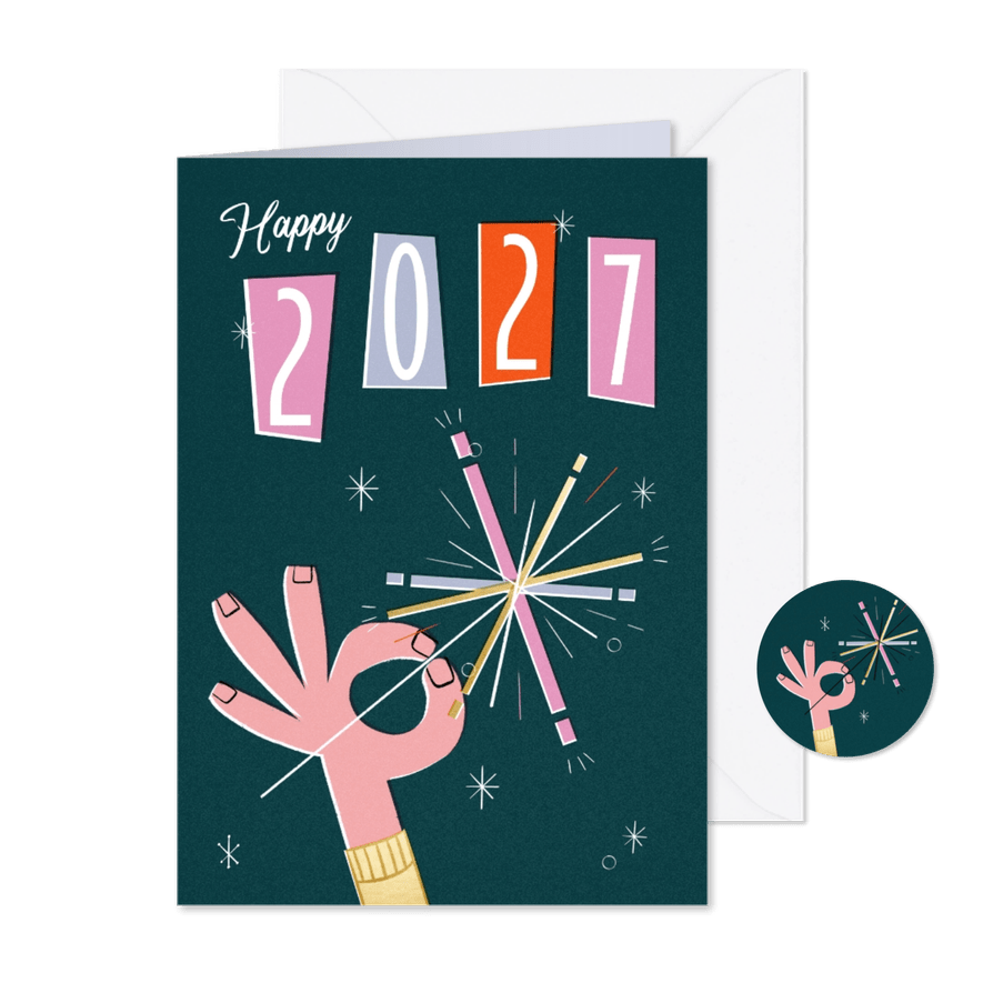 Nieuwjaarskaart retro sterretje vuurwerk 2027 - Kaartimpressie