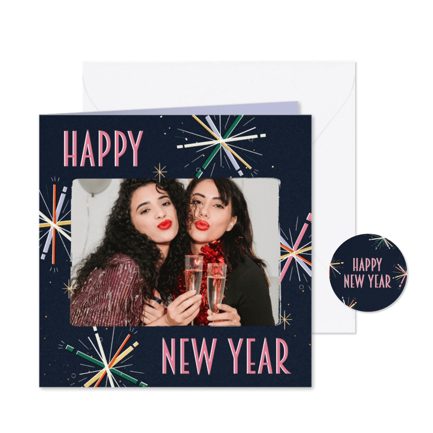 Nieuwjaarskaart retro vuurwerk en foto - Kaartimpressie