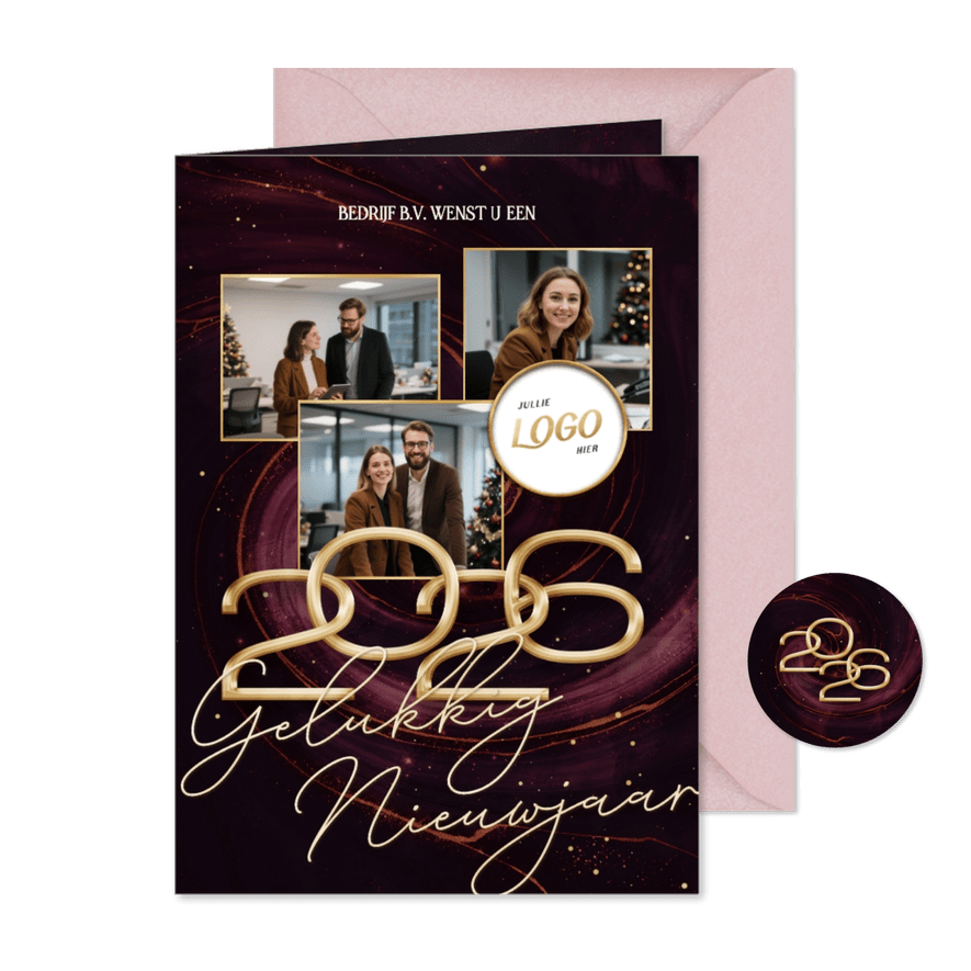 Nieuwjaarskaart rode marmer swirl zakelijk fotocollage 2026 - Kaartimpressie