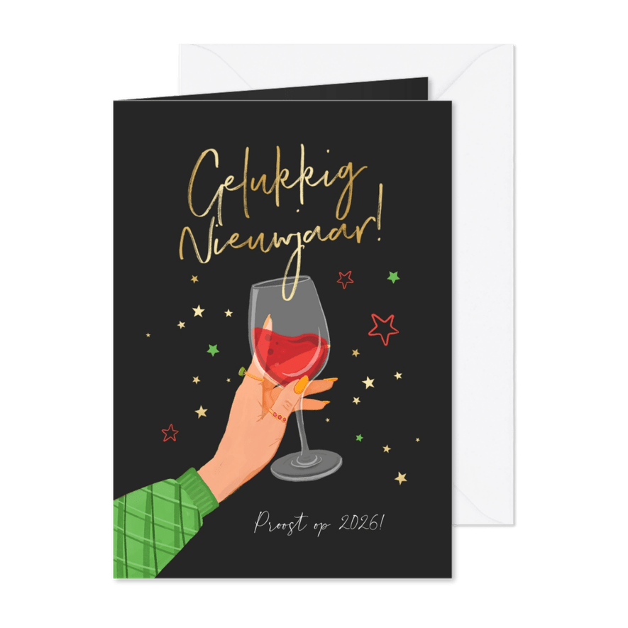 Nieuwjaarskaart rode wijn proost sterren goud cheers - Kaartimpressie