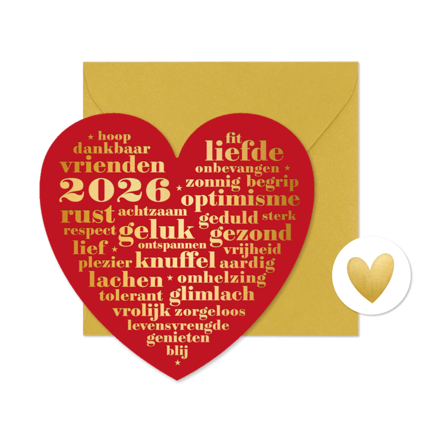 Nieuwjaarskaart rood hart nieuwjaarswensen - Kaartimpressie