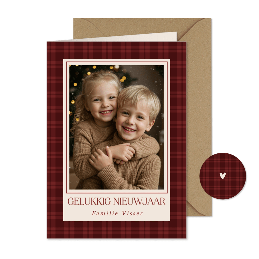 Nieuwjaarskaart rood ruitjespatroon met fotokader - Kaartimpressie