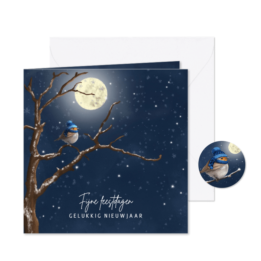 Nieuwjaarskaart roodborst met muts in boom - Kaartimpressie