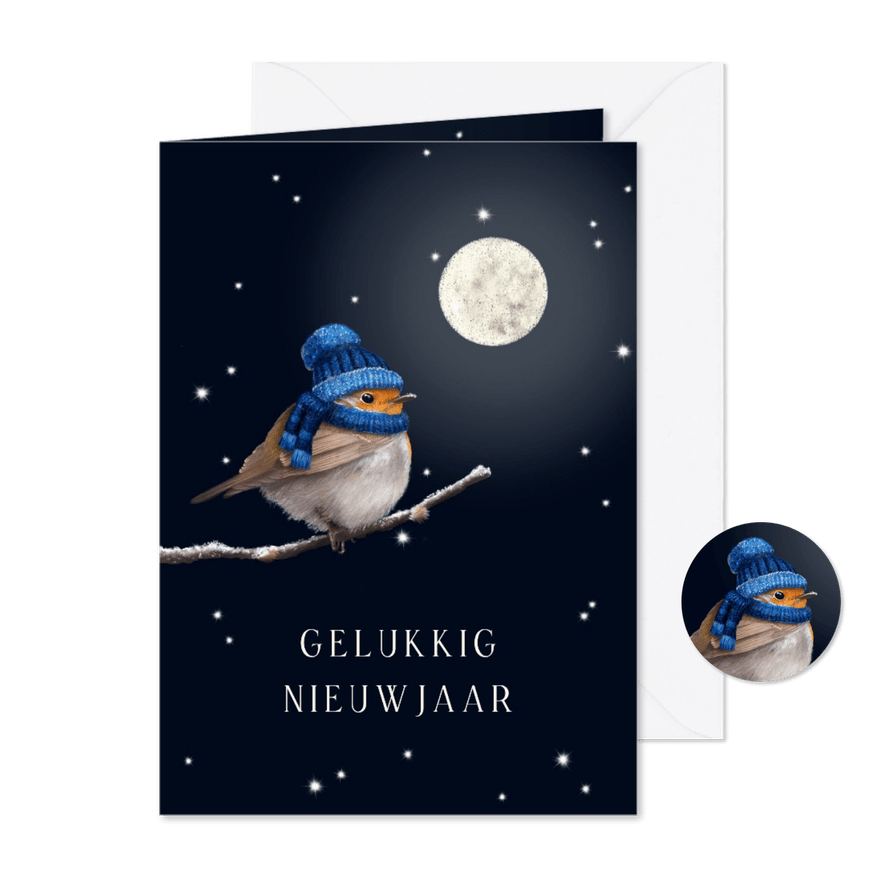 Nieuwjaarskaart roodborst volle maan - Kaartimpressie